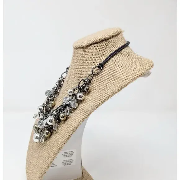 Silver Tone Necklace Beaded Statement Layered Multi-Strand Chunky Cluster - Picture 4 of 5